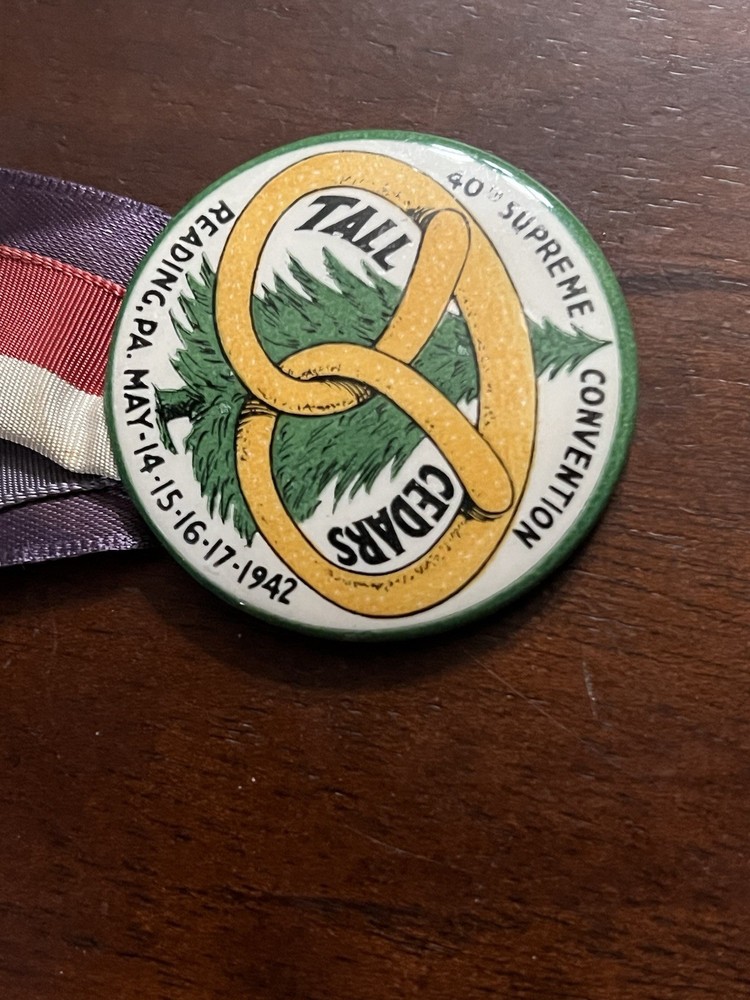 1942 Tall Cedars Pinback Button,Committe Ribbon 1.75 in Dia Backing Paper