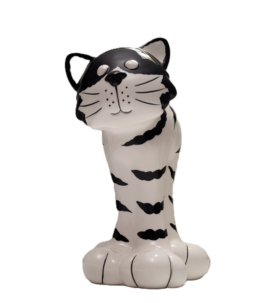 Kitty Cat Vase Planter Black & White Stripe Ceramic Kitten Cactus Pot 10.5"