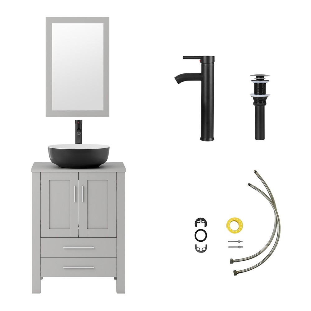 Modern 24" Vanity Set with Black Ceramic Sink | Cabinet + Drawer Storage