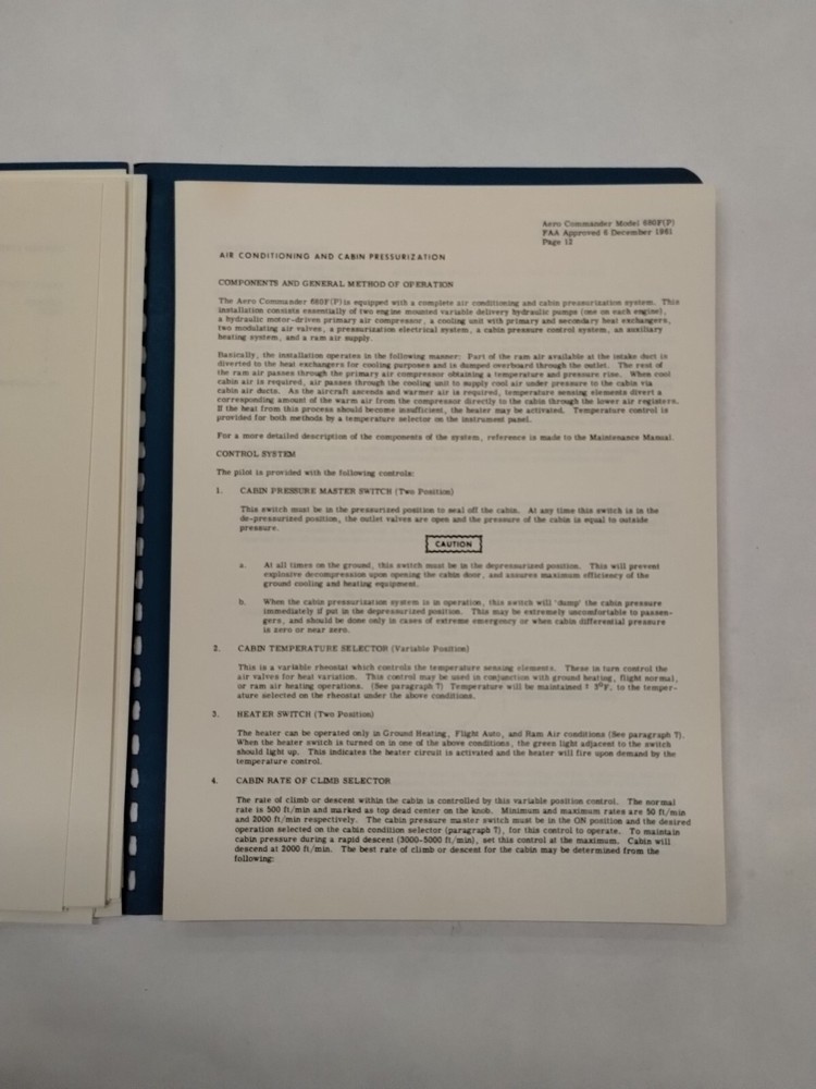 Aero Commander 1961 Model 680F Pressurized Flight Manual-Original