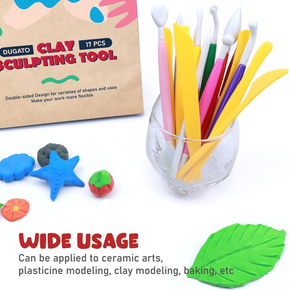 DUGATO Clay Sculpting Tools (17pc Set) - Double-Sided Plastic 17, Multicolor