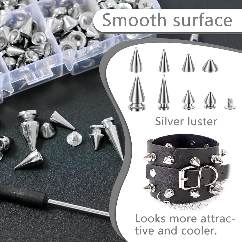 OKYMOTOR 359 PCS Punk Spikes and Studs Kit, 8 Sizes Cone Silver 359PCS