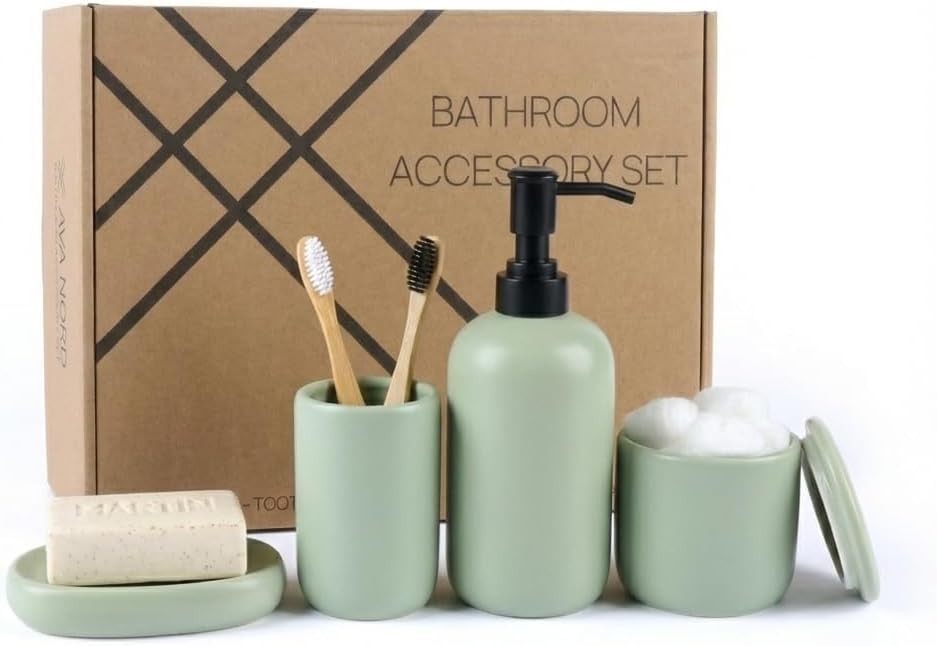 Ceramic Bathroom Accessories Set 4 Pcs – Modern Scandinavian Sage Green