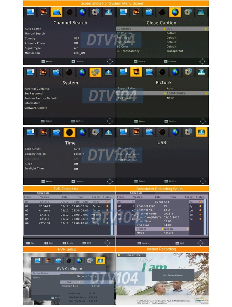 Digital ATSC Converter Box-Broadcast Channels Play Pause Program Scheduling