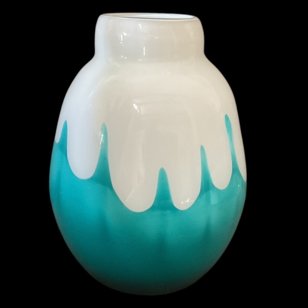 Stunning Turquoise Reverse Drip 8" Art Glass Vase
