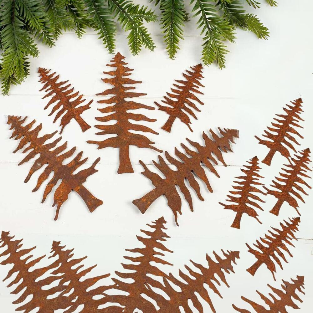 Bulk Package of 30 Assorted Sized Rusty Tin Pine Tree Cutouts
