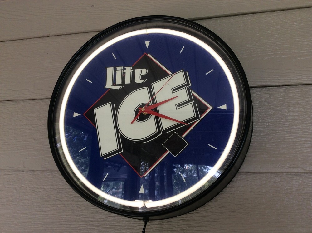 Miller Lite Ice Beer Clock 17 In. Diameter White Neon Lite