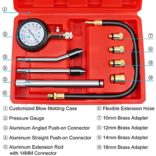 Engine Compression Tester Gauge Kit Cylinder Test Pressure Gage Tool Red Case