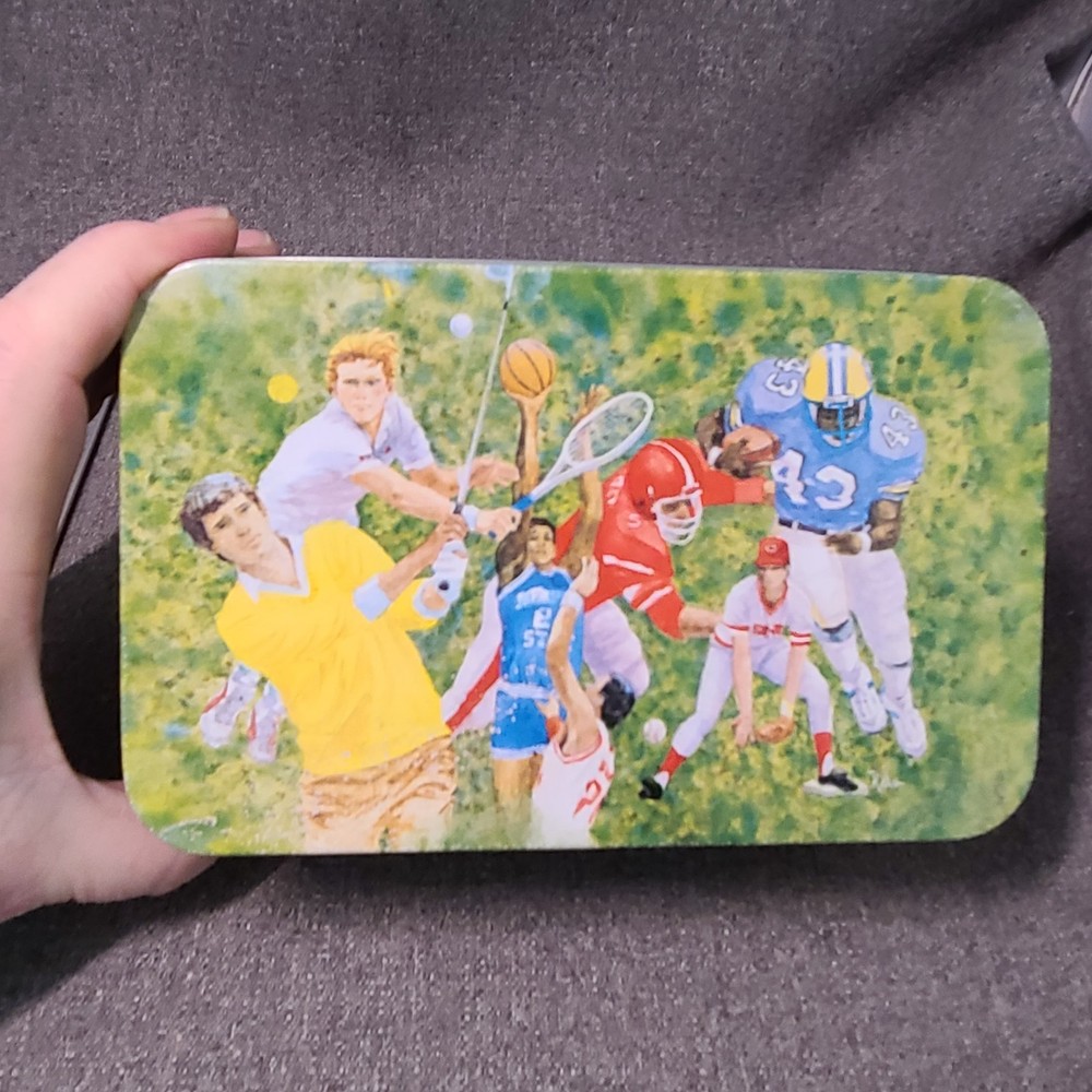 Men Playing Sports Themed Metal Tin Container EMPTY