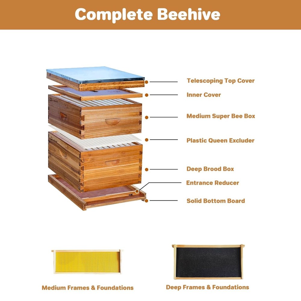 10-Frame Beehive Kit Wax Coated Bee Hives Includes 1 Deep Box + 1 Medium Bee Box