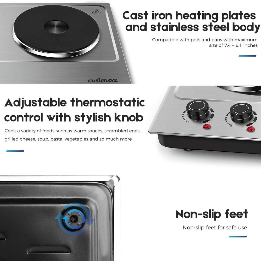 CUSIMAX 1800W Double Hot Plate, Stainless Steel Silver Burner,