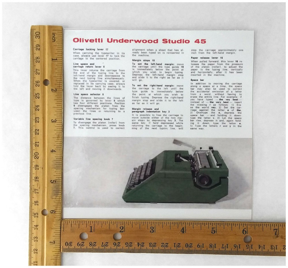 Olivetti Studio 45 Typewriter Instruction Card Owner's Guide User Directions