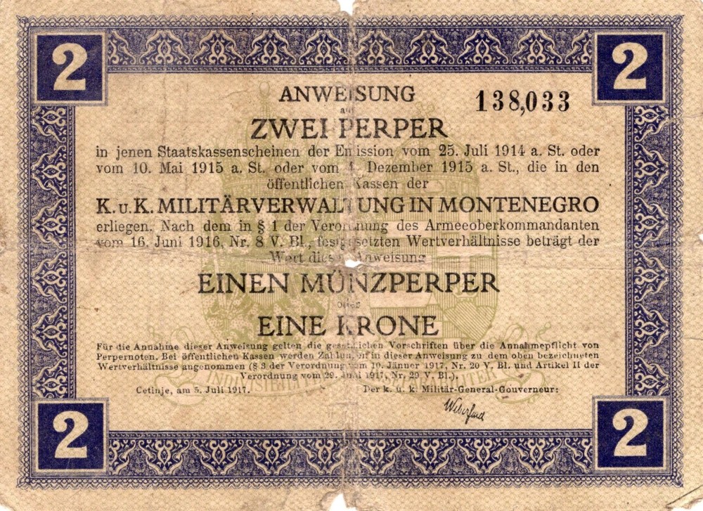 MONTENEGRO 2 PERPER 1917 M149. SAME IN SCAN. 5RW 14OCT