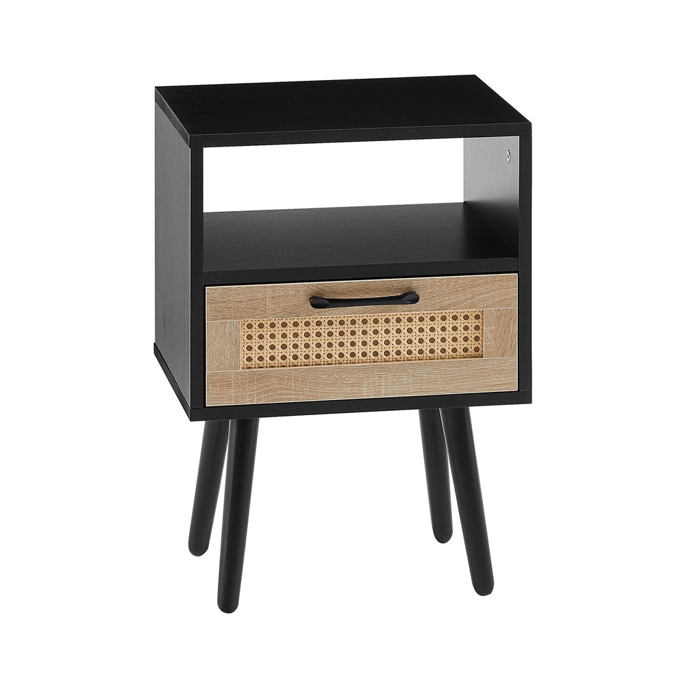 Rattan End Table with Drawer and Solid Wood Legs Modern Nightstand Side Table