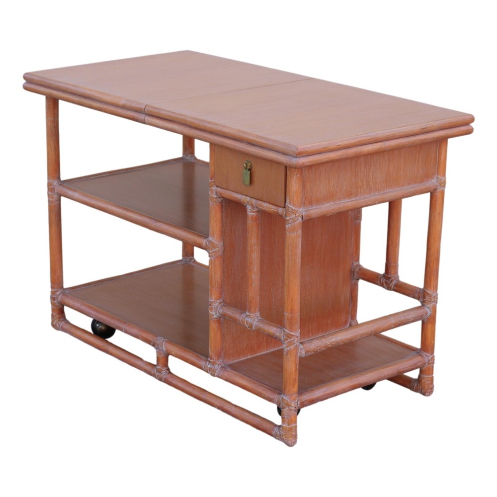 Authentic Marked McGuire Bamboo Rattan Rolling Sliding Adjustable Top Server MCM