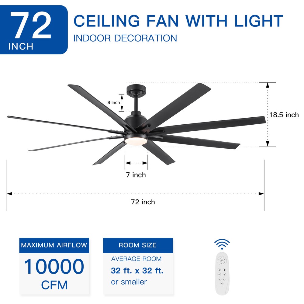 72 In Ceiling Fan with LED Light, ABS Modern Fan with Remote Control