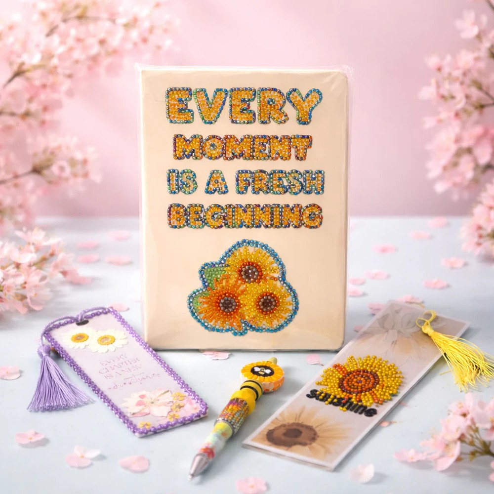 Sunflower Sunshine Bundle includes Notebook , 2 Bookmarks + Beaded Pen