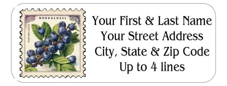 150 Blueberries Postage Stamp Style Return Address Labels Personalized
