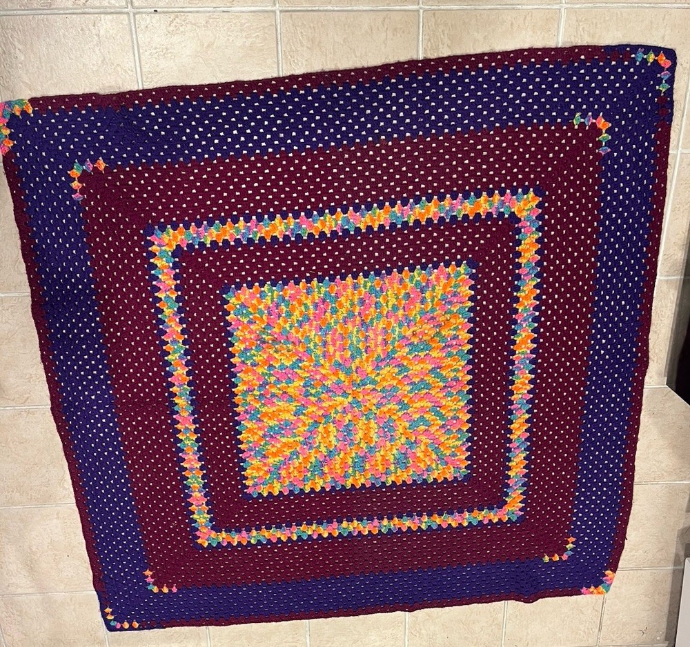 Handmade Multicolor Granny Square Crochet Blanket 60”x 60” EUC
