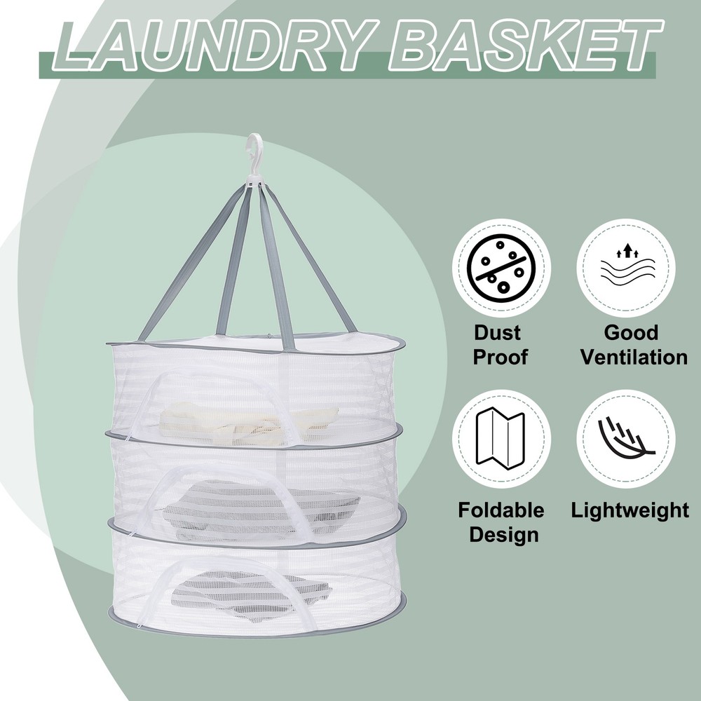 28" Herb Drying Rack Hanging 2 Layer Hanging Mesh Net with Zipper, Grey