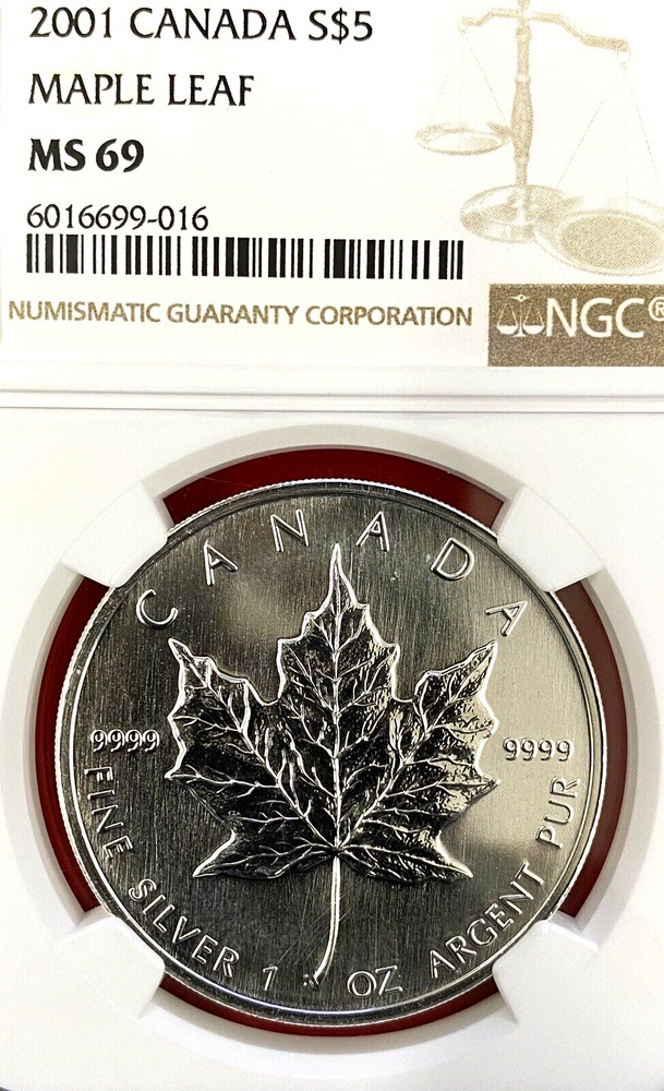 2001 $5 SILVER MAPLE LEAF NGC MS-69!