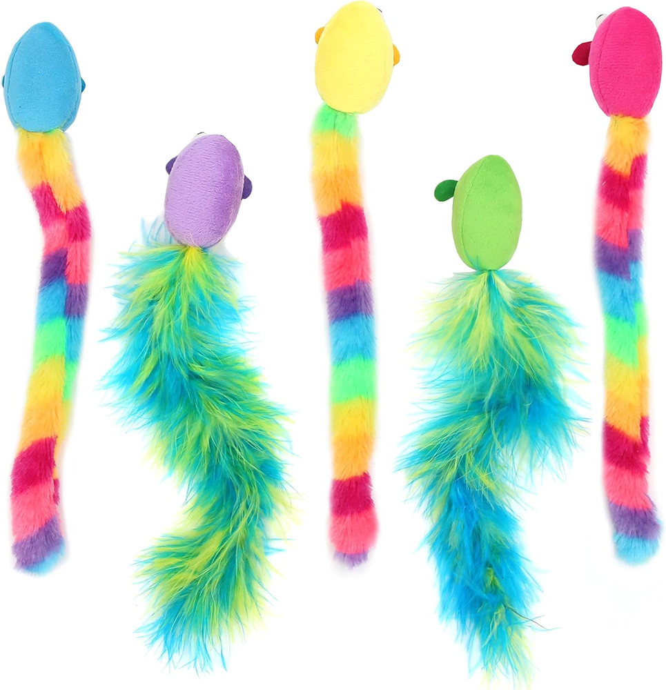 5 Pack Interactive Catnip and Feather Cat Toys, Multi-Colored Mice with Long Fea