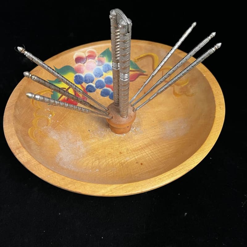 Hand Painted Wood Nut Bowl Cracker Pick Set Grape Design