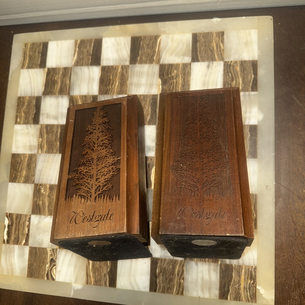 Vintage Solid Walnut Bookends Pine Cedar Tree Laser Craft Engraved 1970s Wood