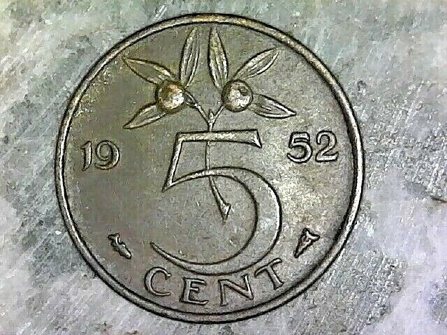 1952 Netherlands 5 CENTS--BRONZE COMPOSITION --KM# 181