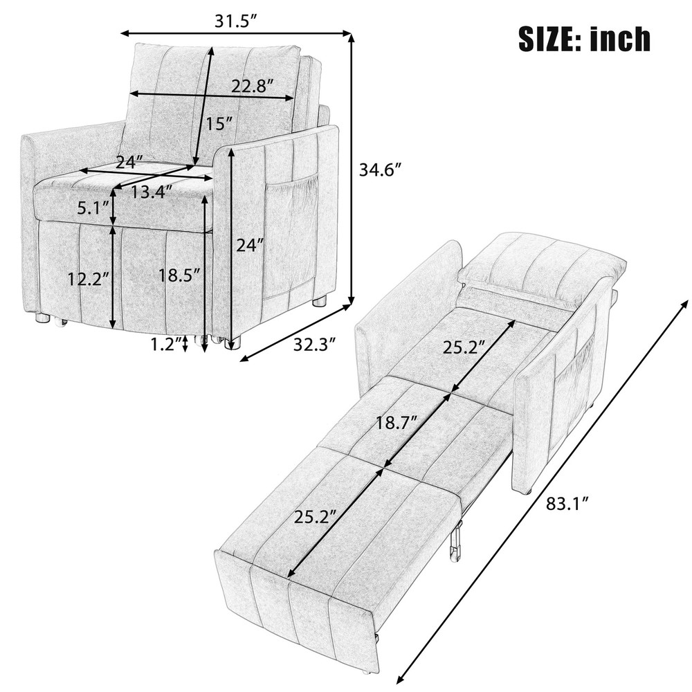 Upholstered Convertible Sleeper Sofa, 31.5" Pull Out Sofa Bed with 5-Position