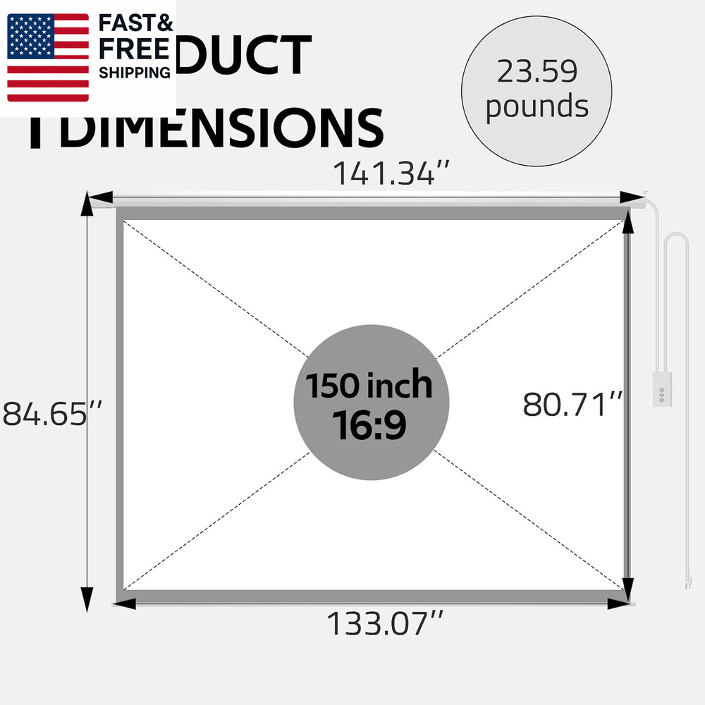 150" Projector Screen Motorized 16:9, 4K HD Pull down Retractable Projection Sc