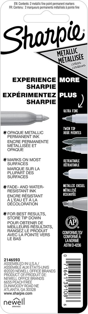Sharpie Metallic Permanent Markers Quick-Drying, Fine Point, Silver, 2 Count