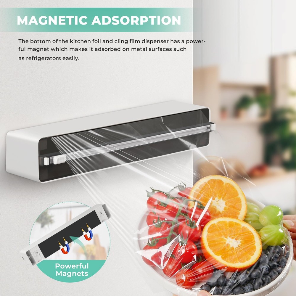 Magnetic Plastic Wrap Dispenser with Cutter - Practical Refillable Aluminum T...