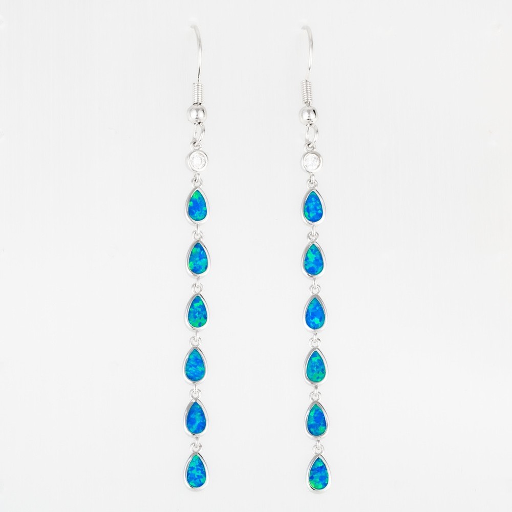 Multi Pear Shape Ocean Blue Fire Opal CZ Silver Jewelry Dangle Drop Earrings