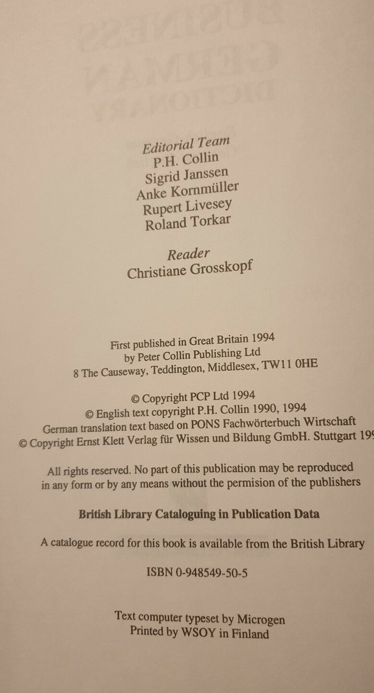 Business German Dictionary Collins 1994 PB