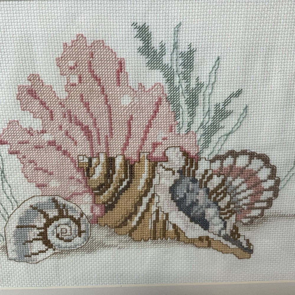 Vintage 2 Framed Cross-Stitch Seashell Conch Shell Completed Beach House Decor