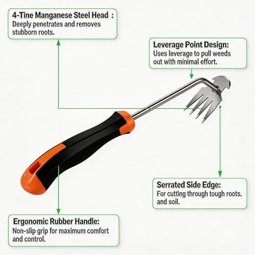 Weed Puller Tool with Thick Work Gloves, 4-Teeth Stainless Steel Hand Rubber
