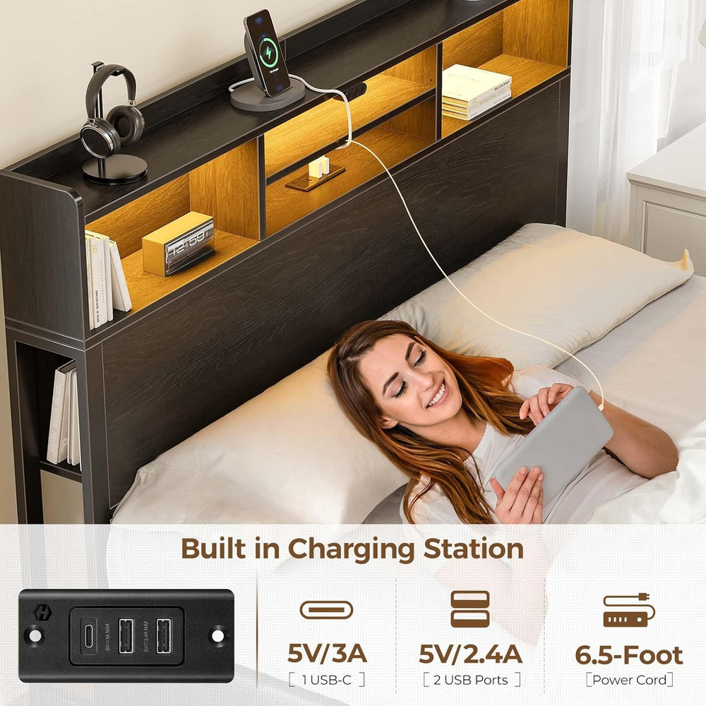 Full Bed Frame with Storage 4 Drawer Platform Bed with USB Charging Built in LED