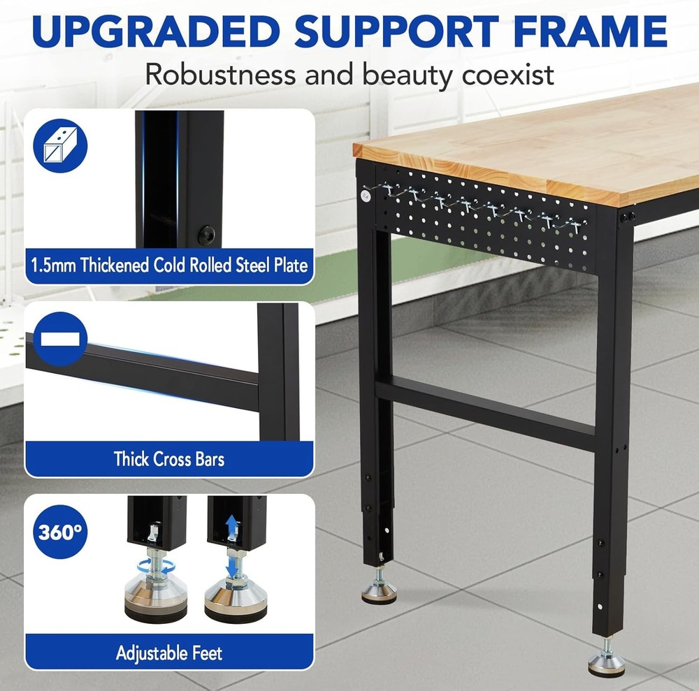 2000 lbs Capacity Adjustable Workbench 60"x20" for Home Office Workshop