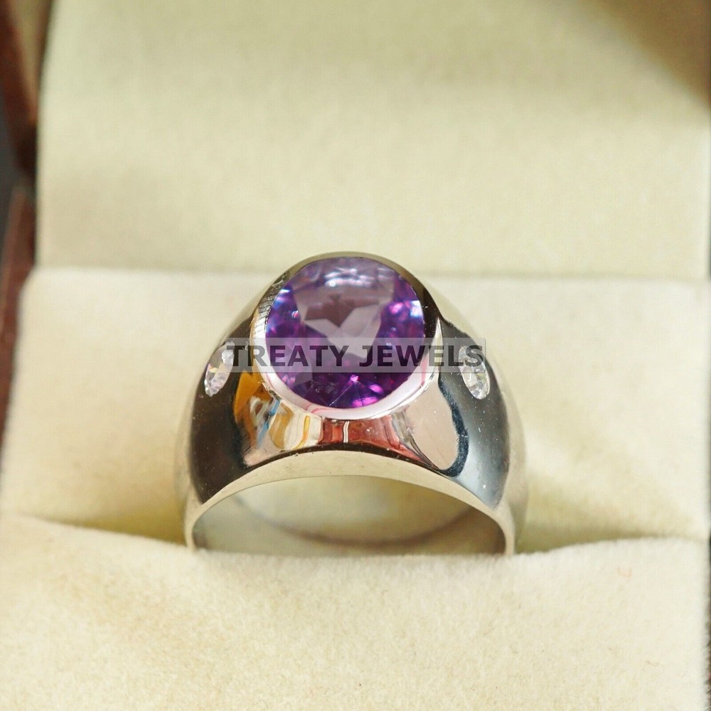 Alexandrite Oval Cut  Gemstone With 14K Solid White Gold Ring For Men's #A608