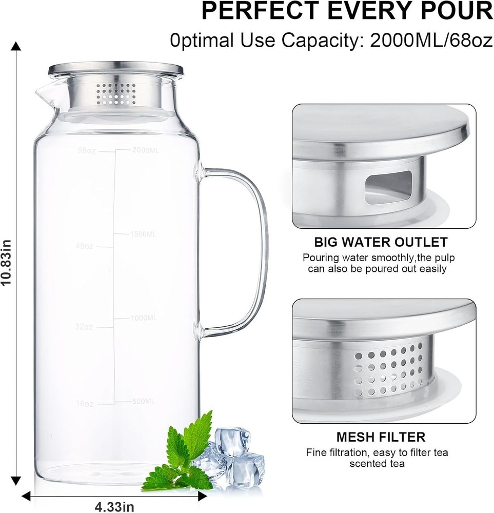 2-Pack Glass Pitcher with Lid, 68oz 2 Quart Water Pitchers With Handle for Fr...