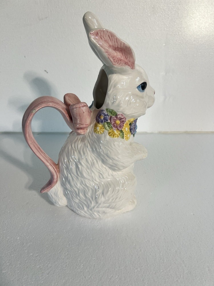 Ceramic White Easter BunnyPitcher Creamer Spring FloralDecor 12 Ounce