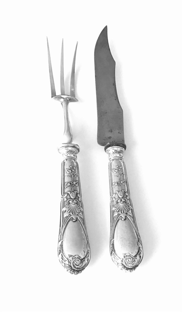 Antique Belgian Delheid 800 Silver Craving set knife & fork Iris