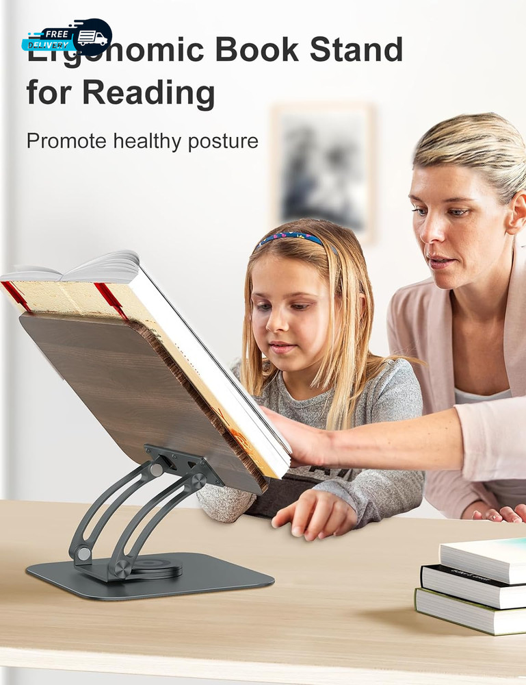Book Stand for Reading Adjustable Book Holder with 360° Swivel Base Foldable