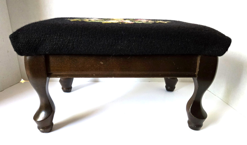 Vtg Floral Needlepoint Footstool Wool Rectangular Victorian Flowers Black 14.5”