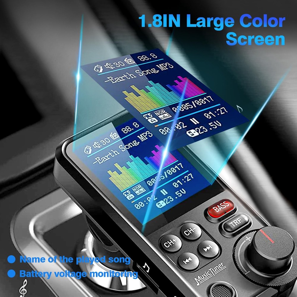 Bluetooth FM Transmitter - Car Adapter Hands Free 1.8 Screen, Microphone, QC3.0