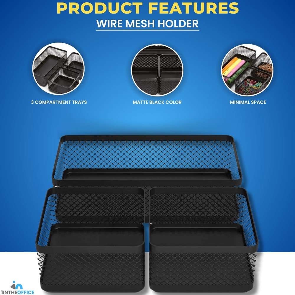 Mesh Collection Desk Drawer Organizer Tray 3 Compartment - Stackable, Matte B...