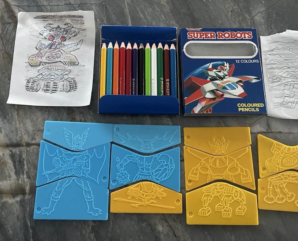 Blue Box Super Robots Stencils And Colored Pencils “SEE PICS”