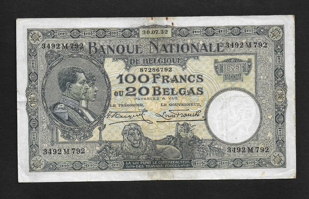 Belgium p-102 , VF, 100 Francs, 1932