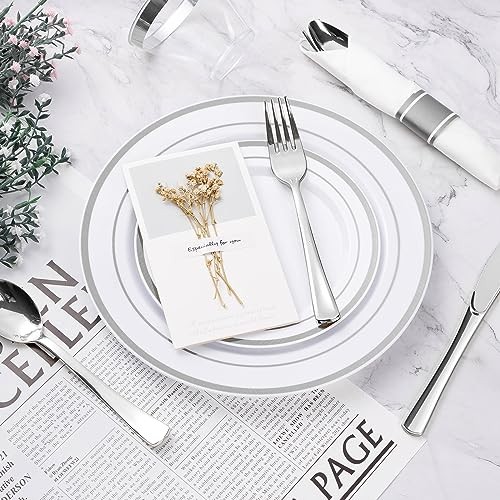 350PCS Plastic Dinnerware Set, Disposable Party Plates for 50 Guests Silver